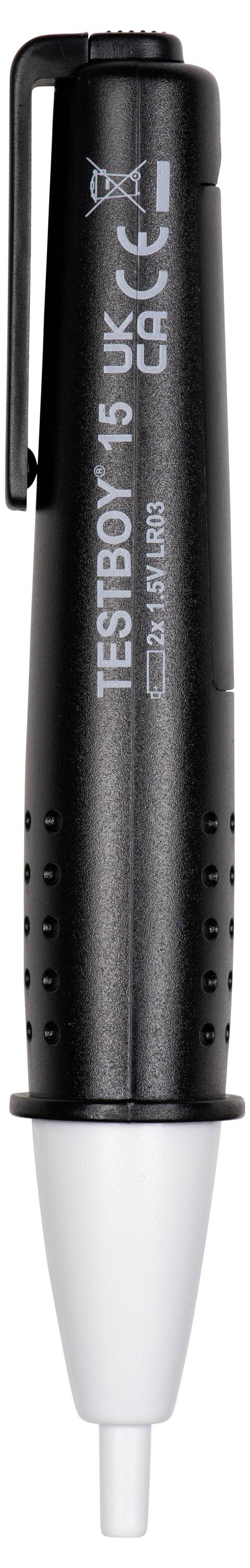 Black voltage tester 'Testboy 15 UK' with white tip, CE mark and operational information on the casing.