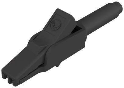 A black crocodile clip with a rounded tip and handle. Suitable for securely connecting to electronic devices.