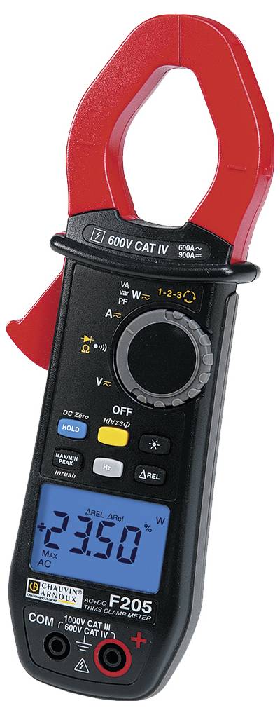 A digital ammeter with a red clamp attachment shows a reading of '23.50'. Several buttons and symbols are visible on the device.