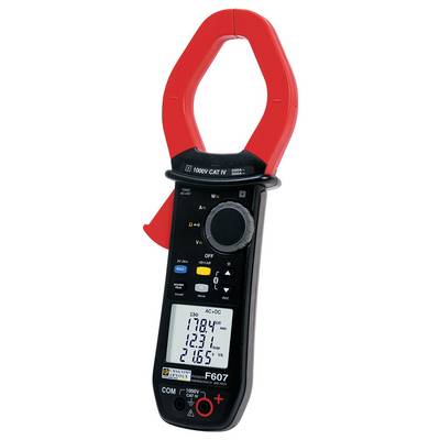 Digital clamp multimeter with red handle, displaying voltage, current, and resistance values on an illuminated display.