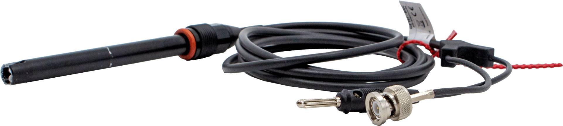 A temperature sensor with cable and connection plug, suitable for measuring devices in laboratory or industrial environments.