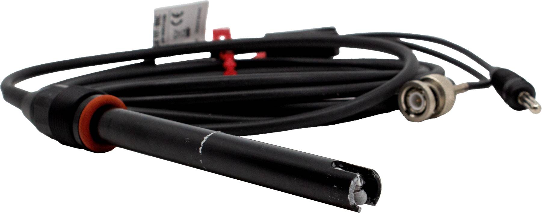 Black pH probe with cable and multiple connections, for measuring the acidity of liquids in laboratory applications.