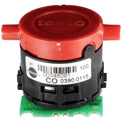 'Testo' CO sensor with red lid, black casing and green chip. Model number: CO 0390 0115, Testo logo visible.