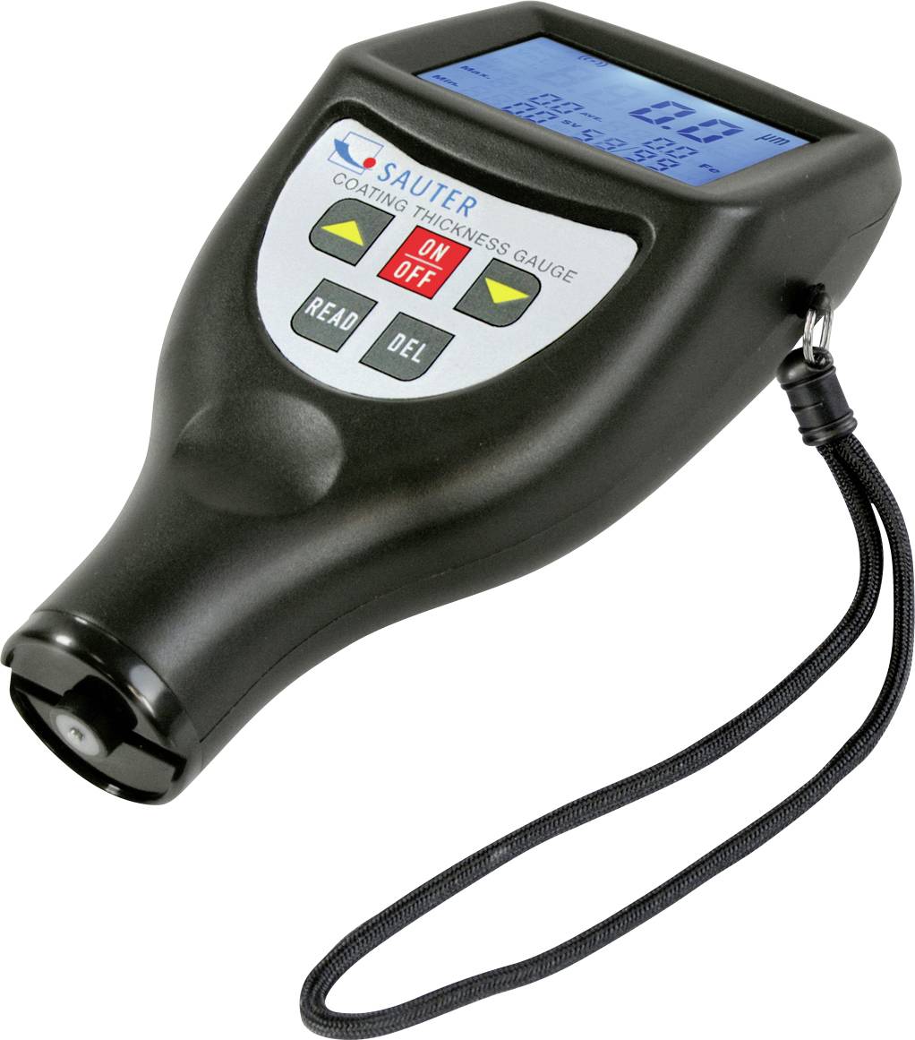 'Digital layer thickness measuring device with display, operational buttons, loop and sensor for measuring coating thicknesses.'