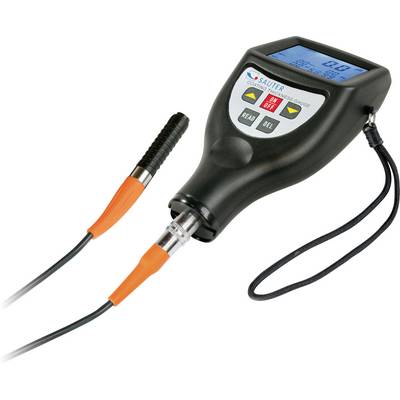 A hand-held measuring device with a digital display and two connected cables, used for measuring coating thicknesses.