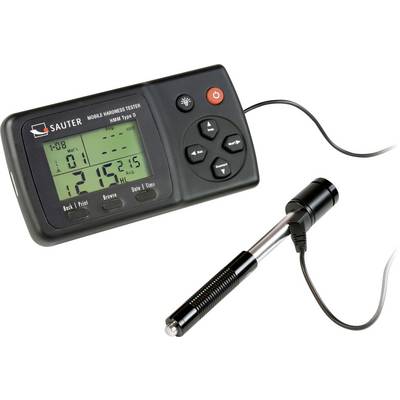 Portable hardness tester with digital display and marked buttons. Display shows measurement values. Testing device connected by cable.