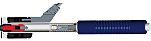 Cross-section of a technical device with blue and red components, showing internal parts and structure.