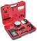 Red tool case with measuring instruments and accessories. Contains a digital device with display, charger, cable and other small parts.