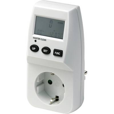 Digital plug-in timer with LCD display and buttons labeled 'UP', 'SET', and 'FUNC', shown with a built-in outlet socket.