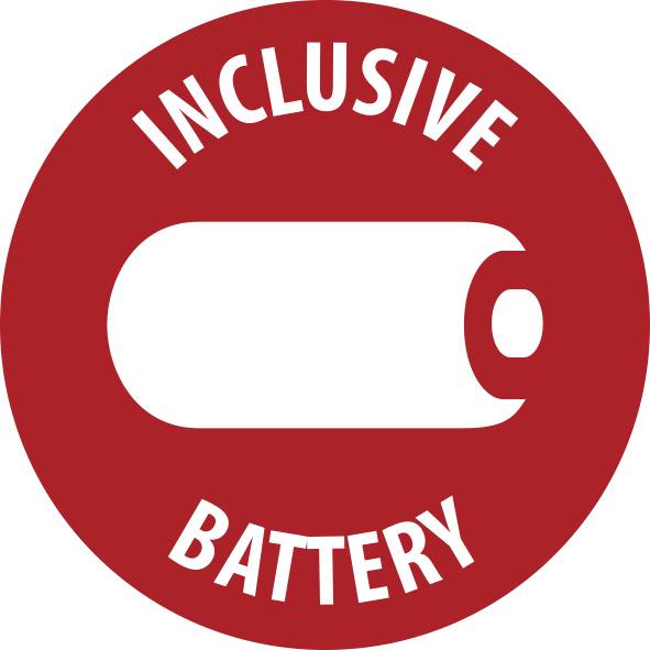 Red circular badge with the words 'INCLUSIVE BATTERY' around a white battery icon.<br>