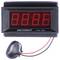 Digital voltmeter with red LED display, showing '8.8.8.', connected to a black temperature sensor. Model 'Voltcraft PM 129'.