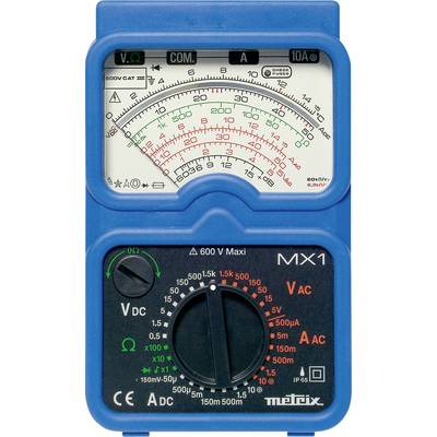 An analogue multimeter with various measurement scales and settings for voltage (V), current (A) and resistance (Ω).