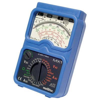 Analogue blue multimeter model MX1 with scale for voltage, current and resistance measurements.
