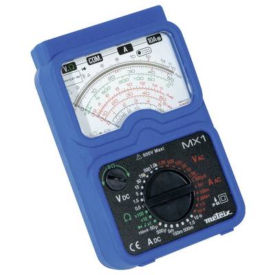 A blue-cased analogue multimeter for measuring voltage, current, and resistance. Rotary dial and scale for adjustment.