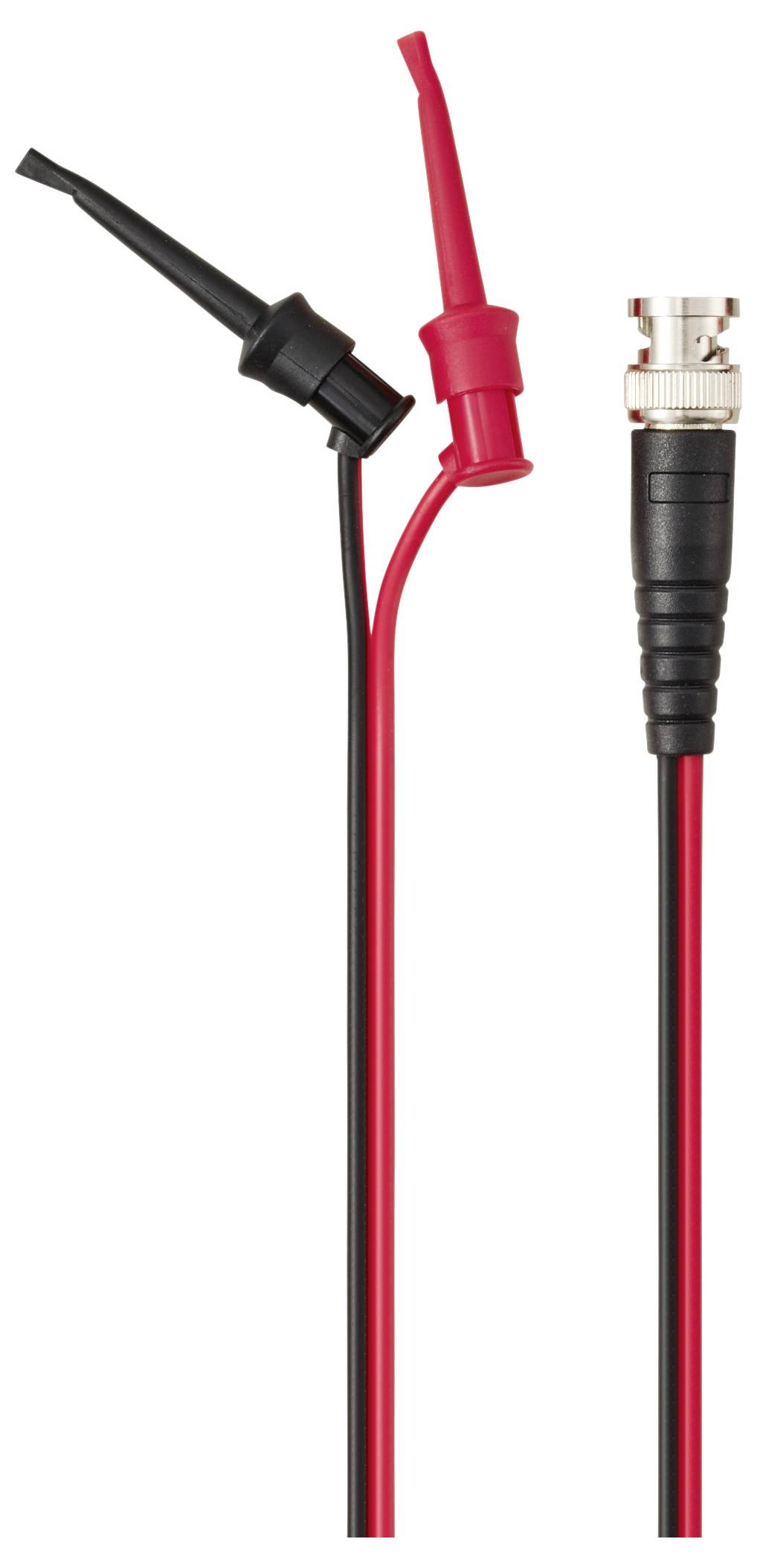 Two cables with black and red clips attached to a coaxial connector, used for electrical testing or measurements.