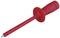 Red probe tip protection with insulated connector and metal tip, typical for electrical measuring devices and safety tests.