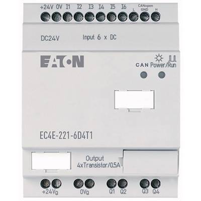 'Eaton control unit, model EC4E-221-6D4T1, with DC24V input and 4 transistor outputs. Connections for CAN and DC.'