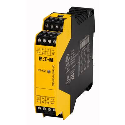 A yellow safety relay from Eaton, Model ESR4, with multiple connection terminals. Used in industrial control systems.
