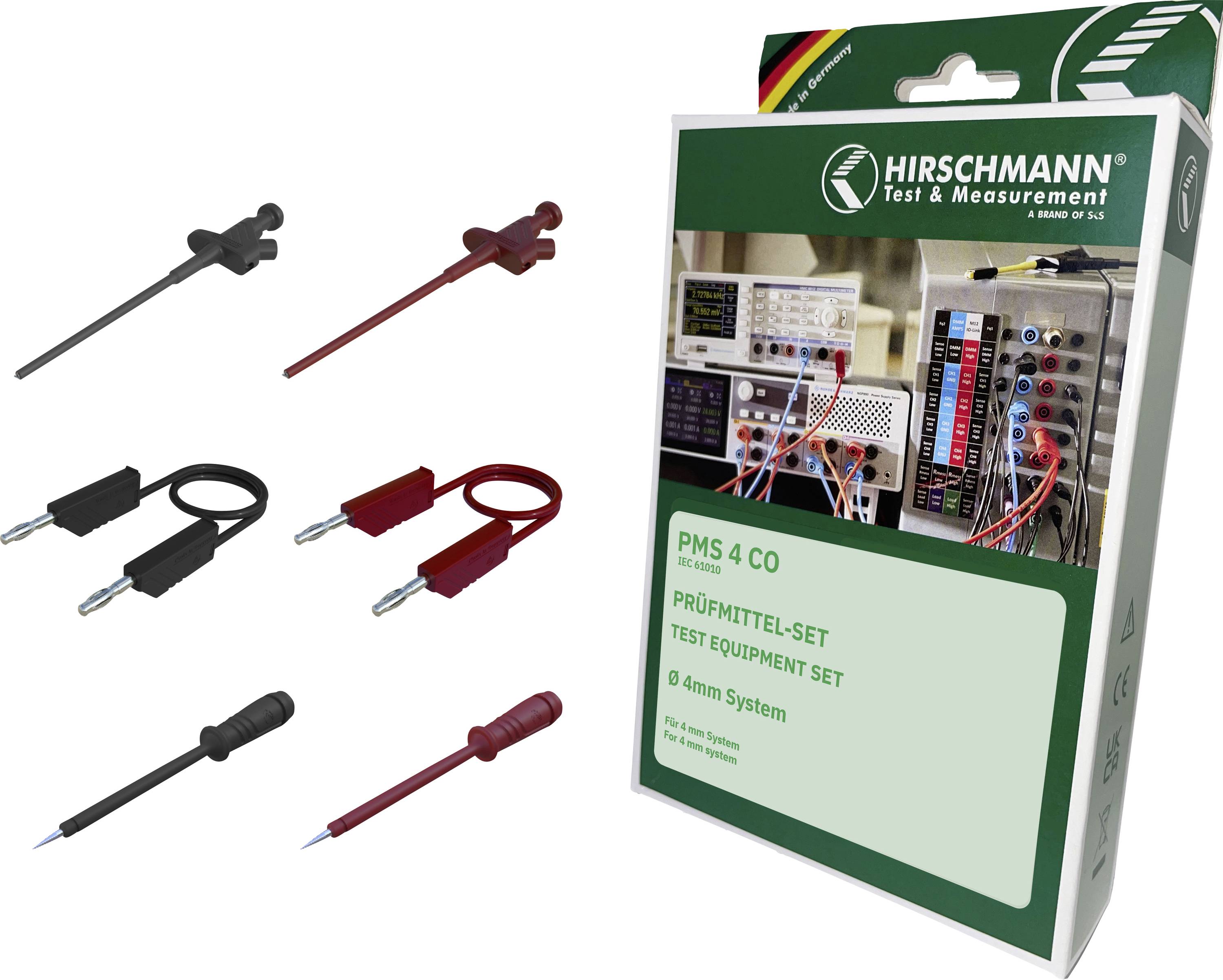 Hirschmann Test & Measurement PMS 4 CO premium test equipment set package with four black and red test leads/adapters shown beside the box.