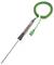 A temperature probe with a long metal probe, black handle and green spiral cable with plug, for measuring temperatures.