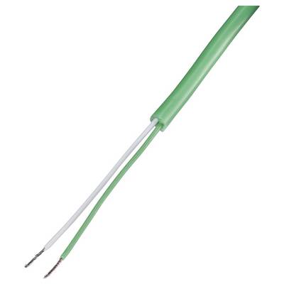A green electrical cable with two exposed wires: one white, the other also green, for electrical connections.