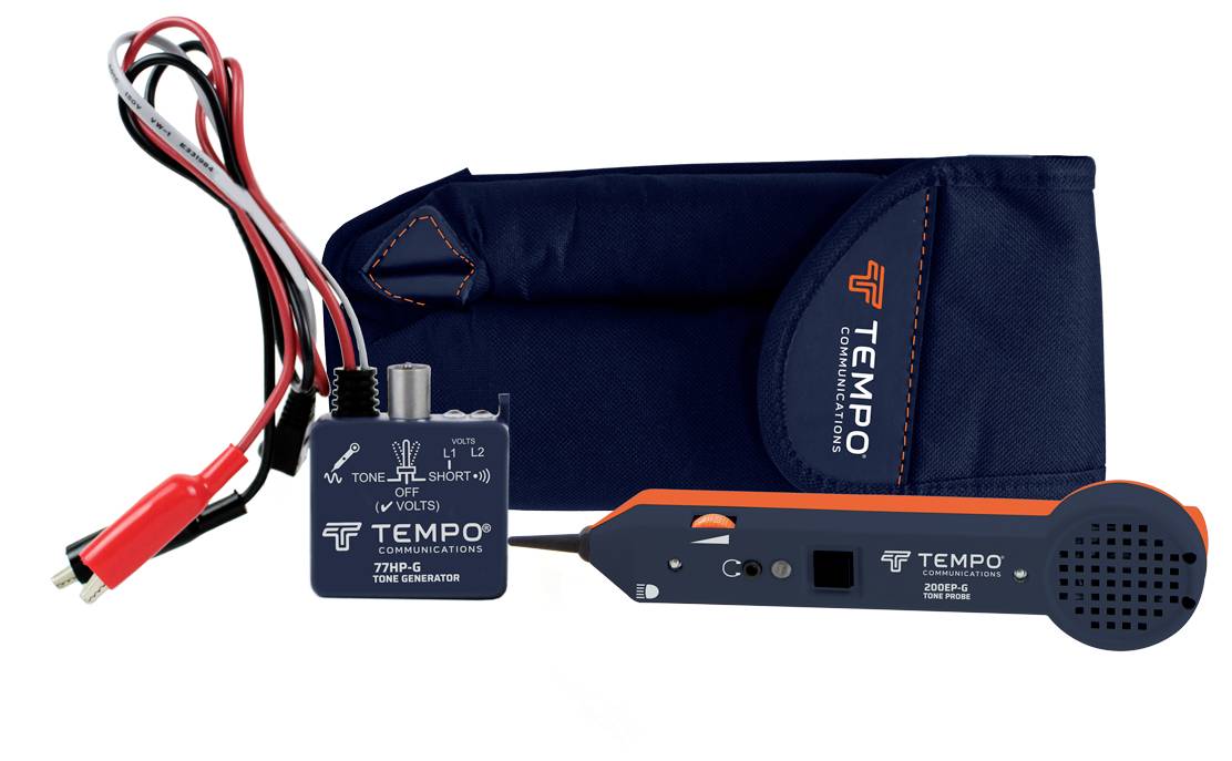 A blue Tempo cable tester with tone and probe generator, connected with cables and surrounded by a blue storage bag.