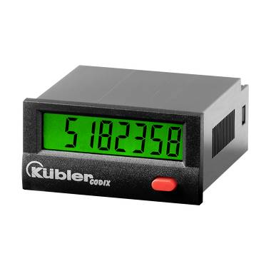 Black Kubler digital counter display showing 5182358 on a green screen, with a red button on the front<br>