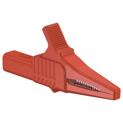 Red plastic crocodile clip with teeth and a ribbed surface. Commonly used for electrical connections.