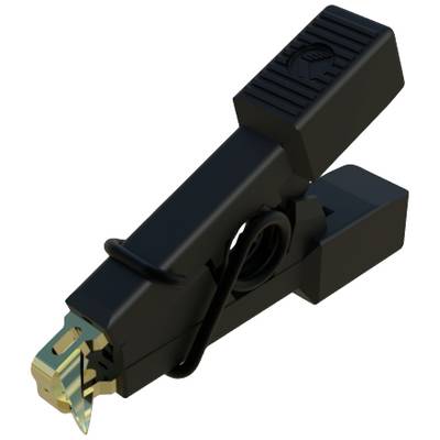 A black crocodile clip with a gold-coloured metal tooth and an insulated handle, for securely connecting electrical contacts.