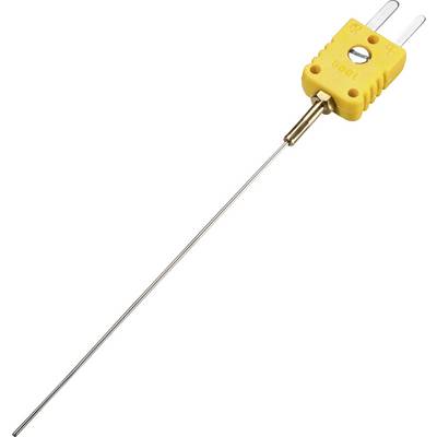A yellow thermocouple with two metal pins and a long probe cable, used for temperature measurement.