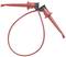 Red, flexible cable with two insulated test probes, used in electronic measuring instruments.