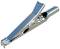 Silver metal crocodile clip viewed from the side, shown open. It has serrated teeth and a round handle.