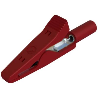 Red metal and plastic crocodile clip, commonly used for electrical connections.