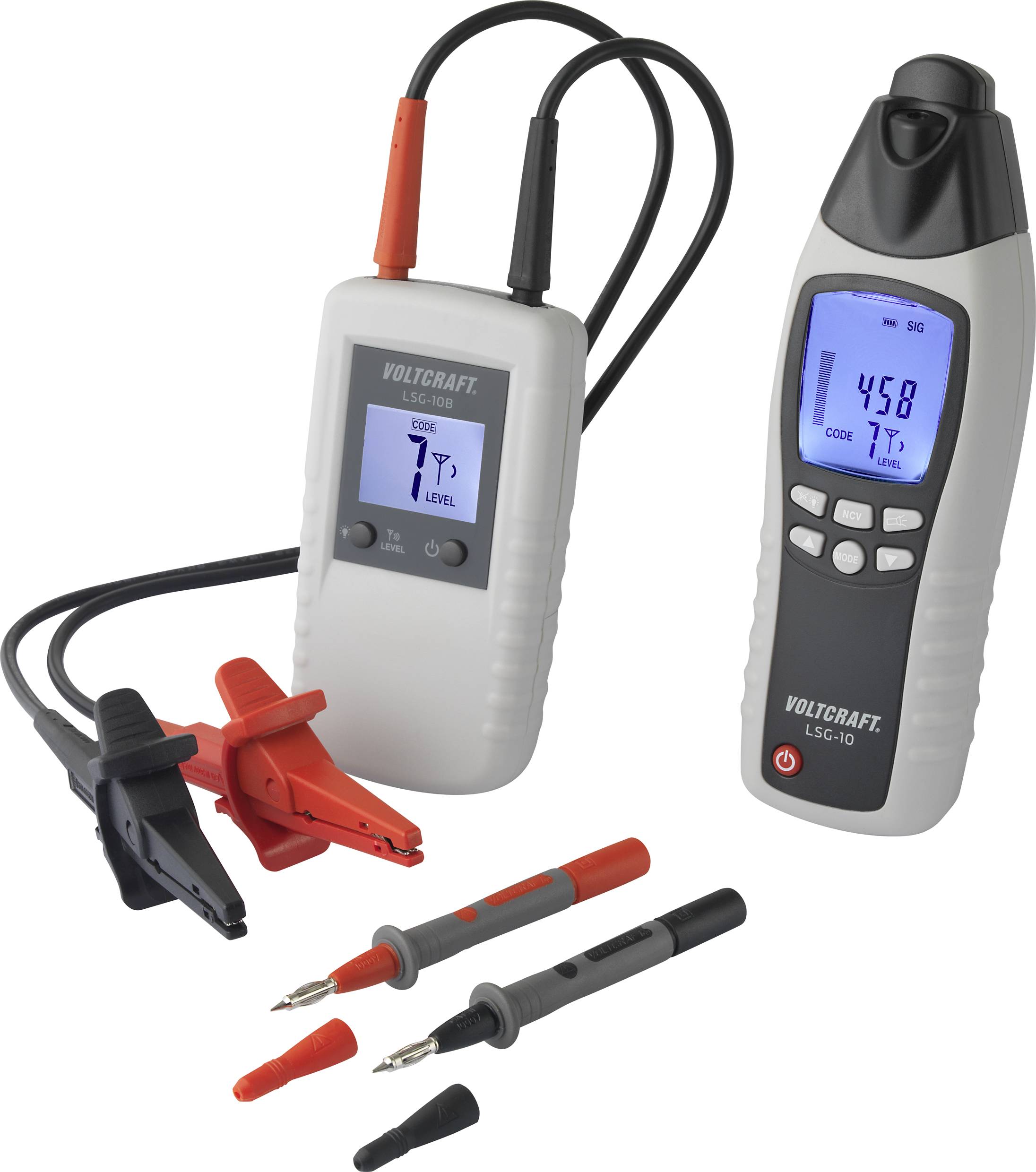Two electronic measuring instruments with cables and test probes. One device displays a digital value on the screen. Main colours: White and Black.