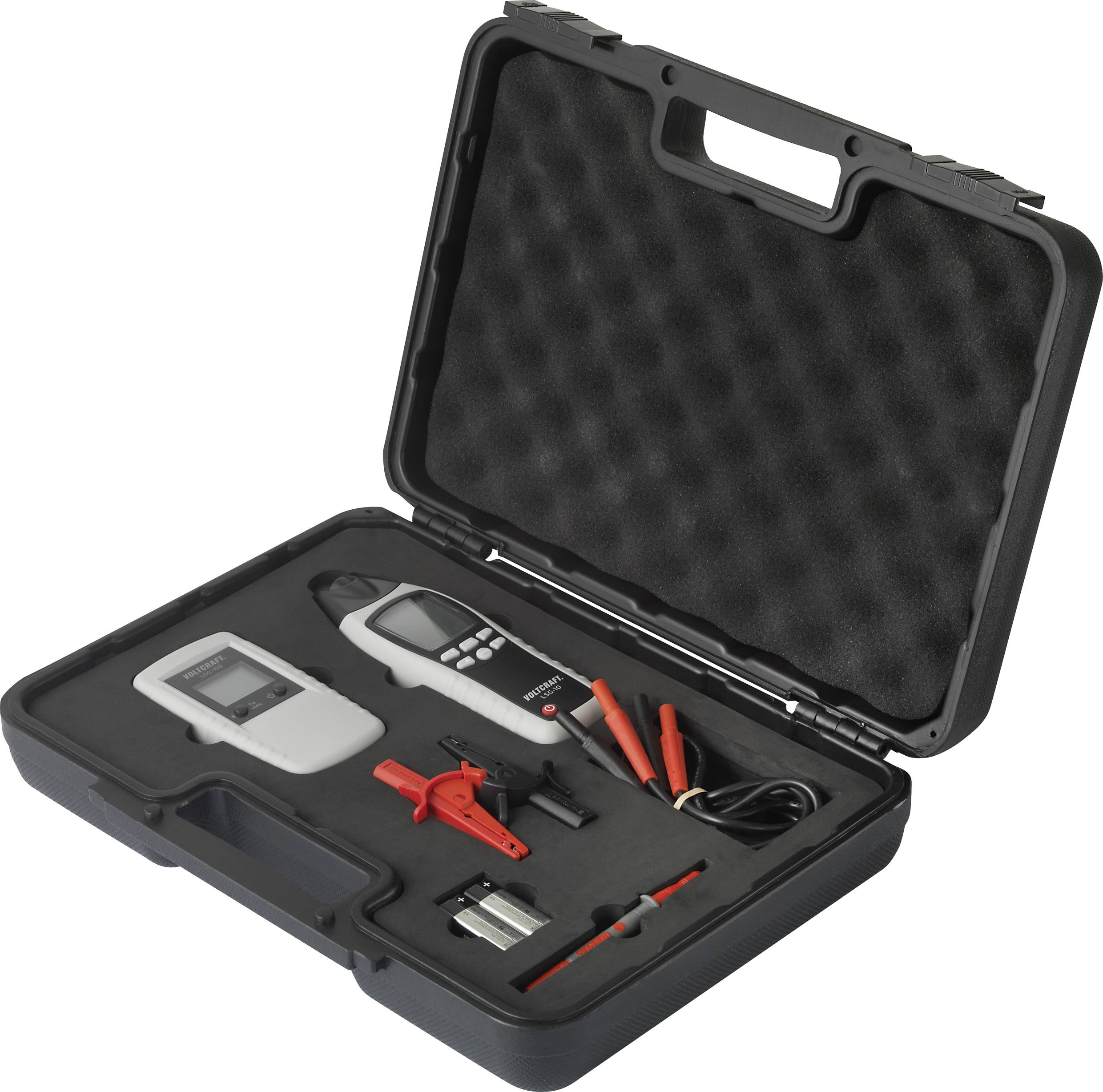 'Case with measuring tools: Rapid testing device, digital display unit, cables and clamps. Suitable for checking electrical components.'