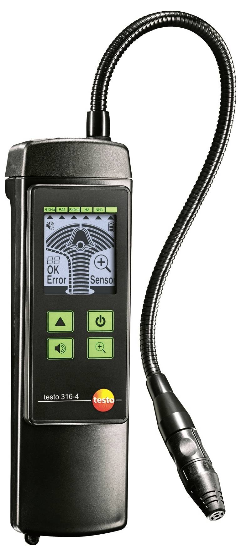 A portable gas leak detector with a display and flexible hose for detecting gas leaks, showing 'OK' and 'Error' indicators.
