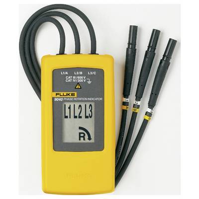 A yellow phase indicator device with three black cables. The screen displays 'L1 L2 L3' and a rotating symbol.