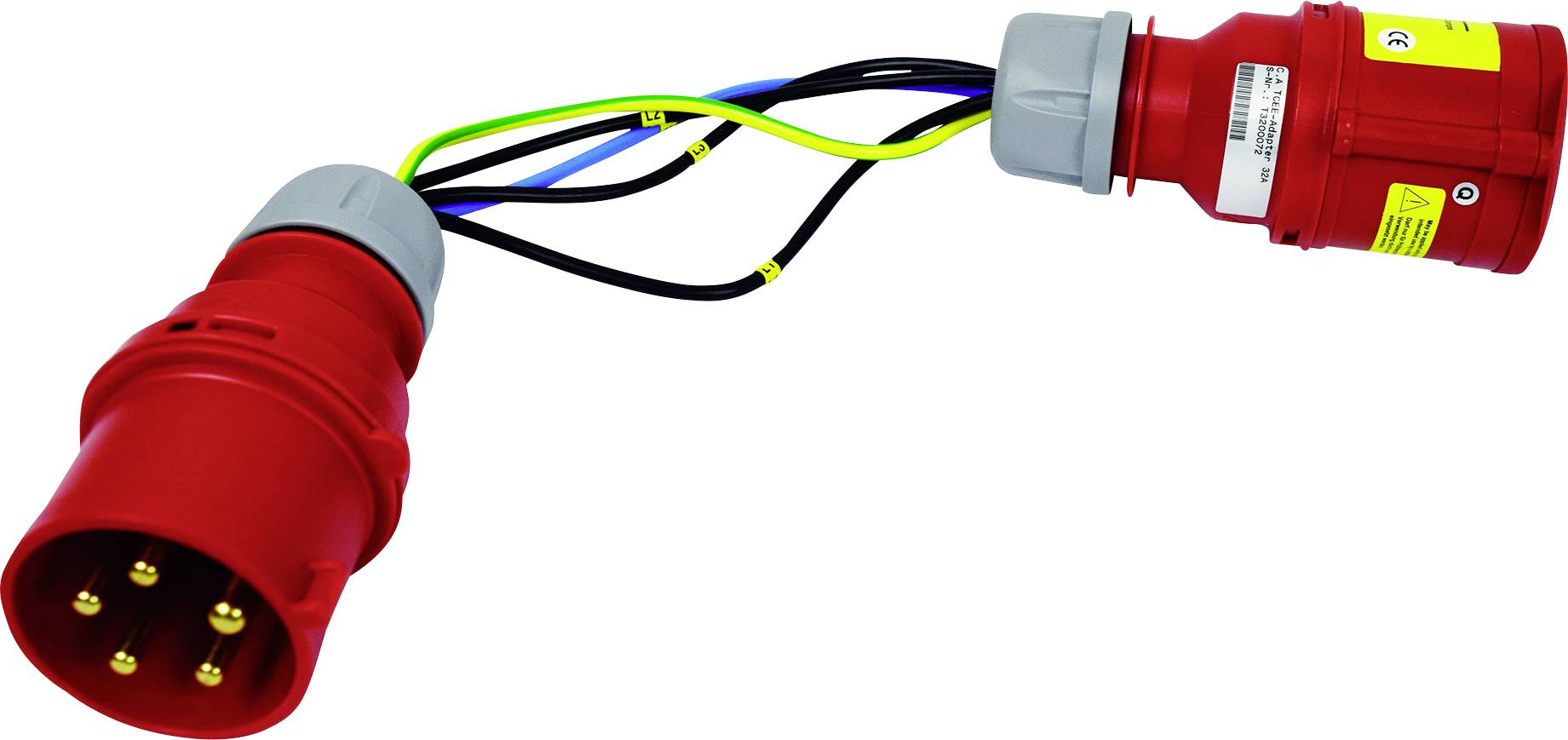 Red CEE plug and socket with yellow, blue, and black cables, for industrial electrical connections.
