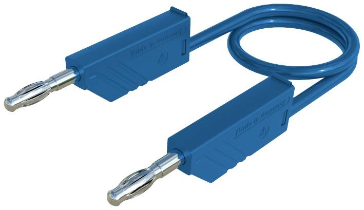 Blue cable with two banana plugs at each end, commonly used for electrical connections or tests.