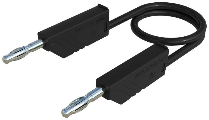 Black banana cable with two plugs that can be used for connecting audio or electrical devices.