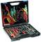 A foldable case with various coloured measuring cables and measuring accessories, including clamps and plugs, for electrical testing.