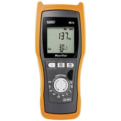 Digital orange multimeter with a screen displaying '137 ms'. Buttons for various measurement functions underneath.