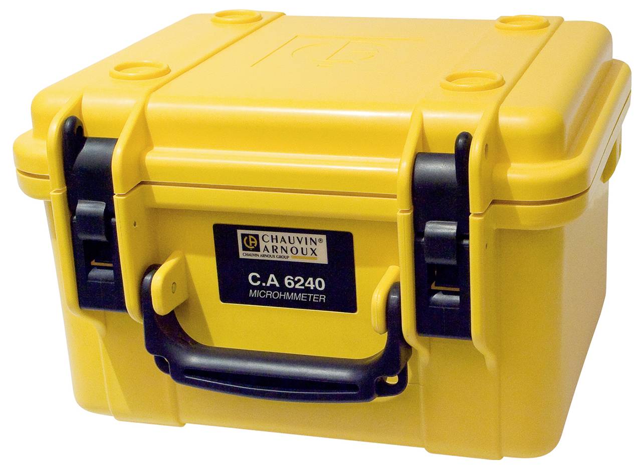 Yellow protective case with 'C.A 6240 Microhmmeter' printed on it by Chauvin Arnoux, robust design, suitable for secure transportation.