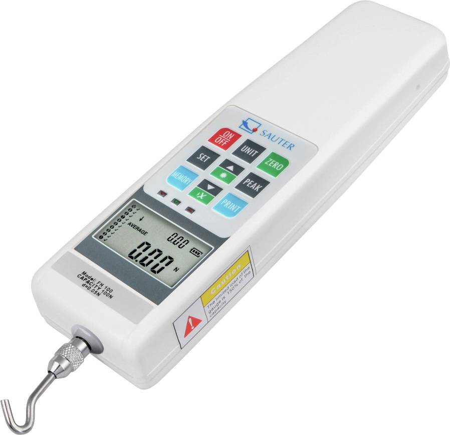 Digital force measuring device with display and control buttons, hook at the end. Used for measuring tensile or compressive force.