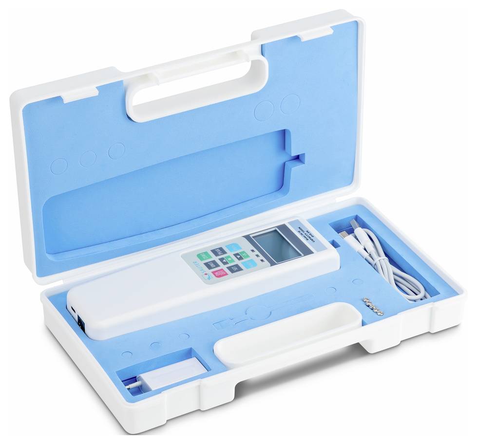 Portable digital measuring device in an open blue and white case with accessory parts such as cables and batteries.