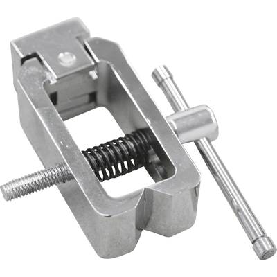 Metal bench vice with central threaded screw and lever handle, for securing small workpieces on the work surface.