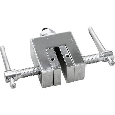 An adjustable metal vice with two handles, used for securing workpieces during machining.