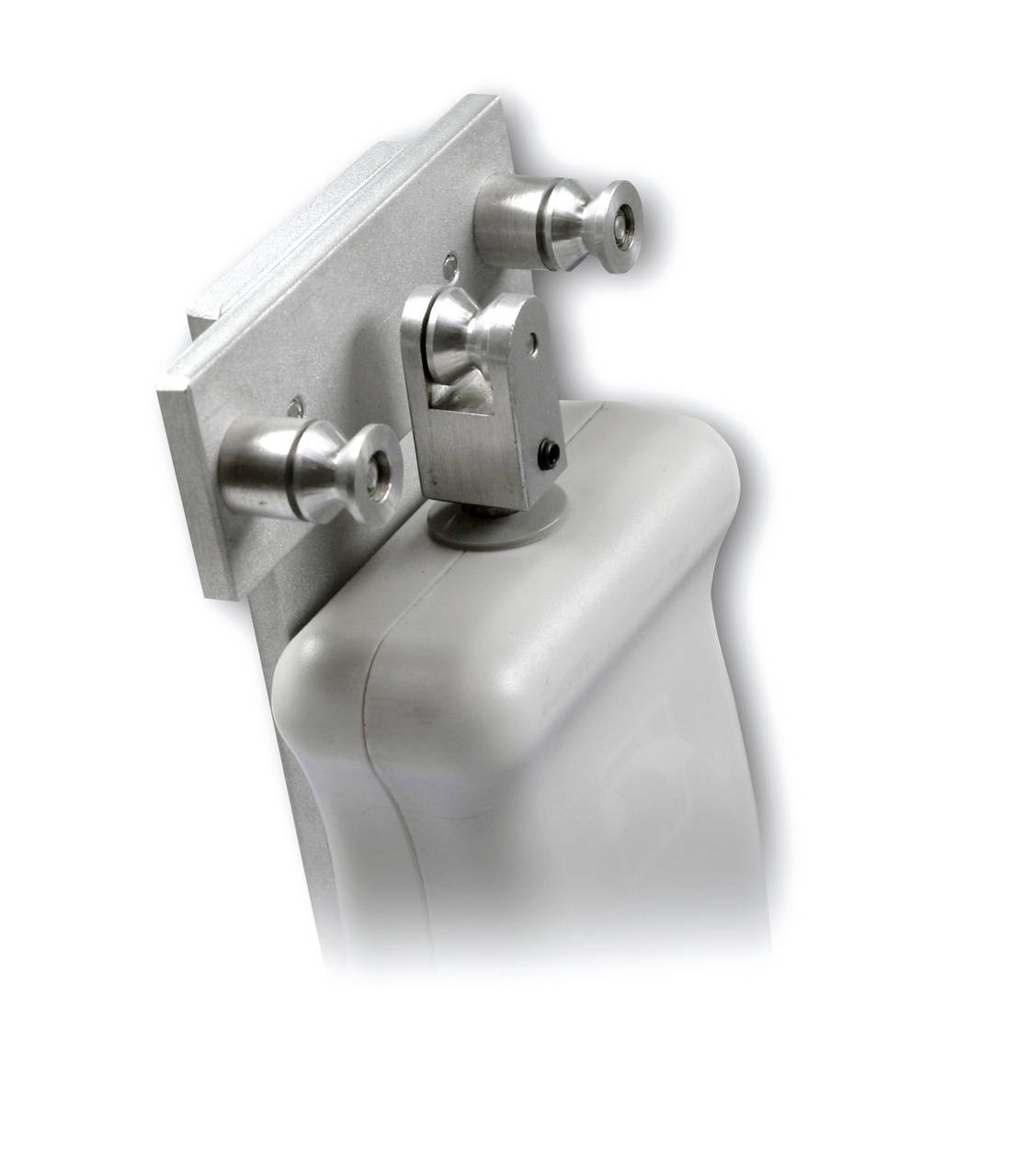 A silver metal bracket attached to a white rectangular box, likely for industrial or technical applications.<br><br>Note: This translation is already very close to British English, with no significant modifications needed.