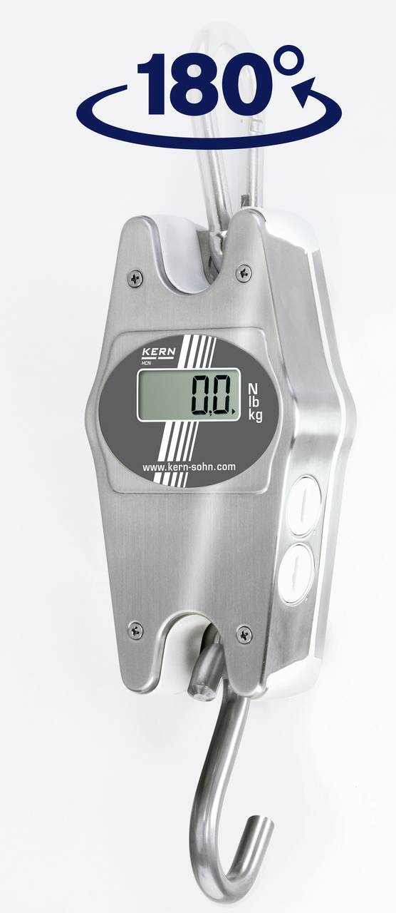 Portable digital crane scale with hook, displaying '0.0' on the screen. A 180-degree rotation symbol at the top. Suitable for load measurements.