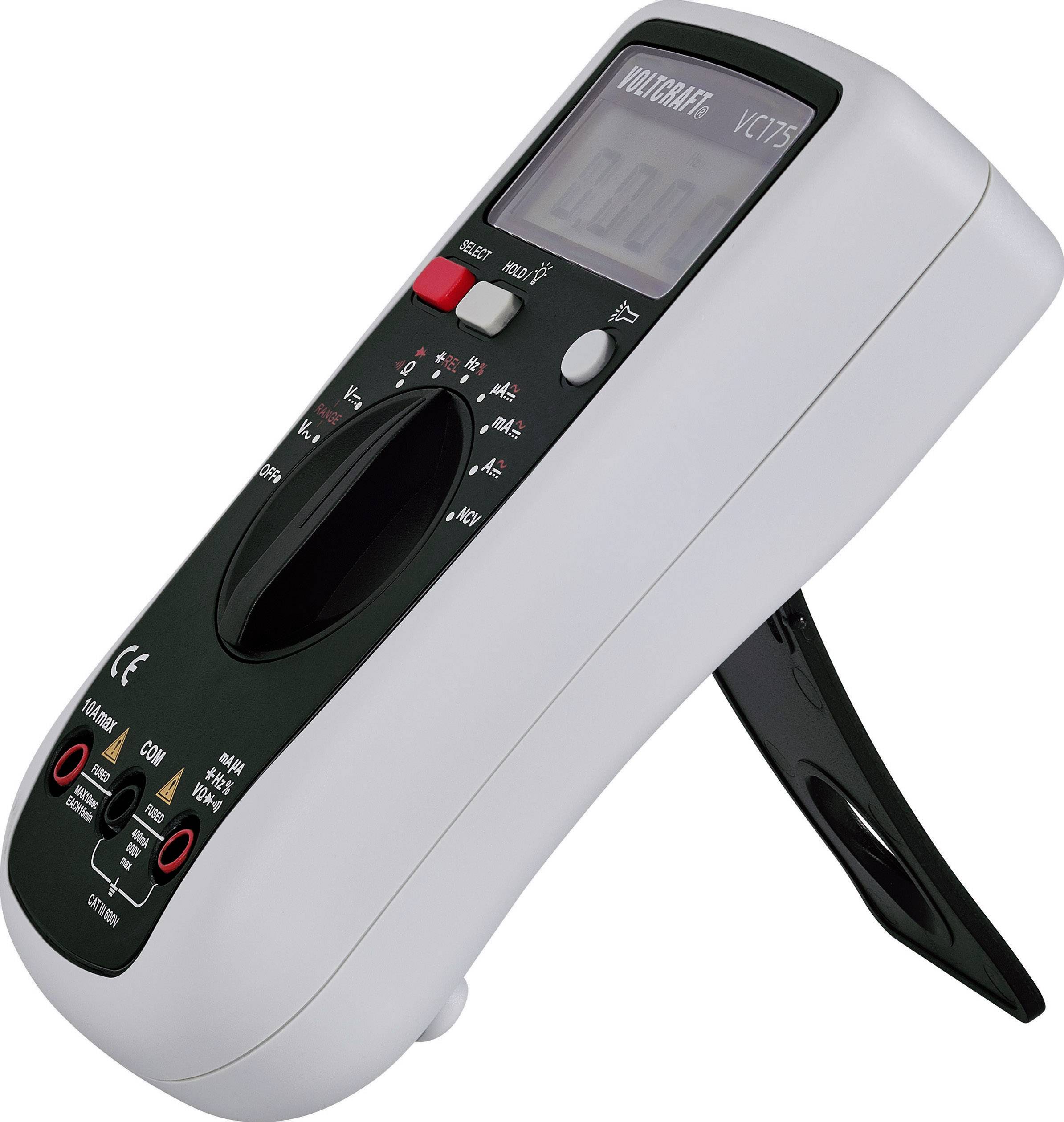 A digital multimeter with a black casing and adjustable stand, displaying voltage. Rotary switch and terminals visible.